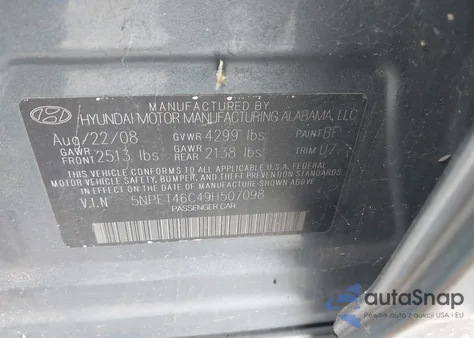 2009 Hyundai Sonata Gls from USA, damaged, VIN 5NPET46C49H507098